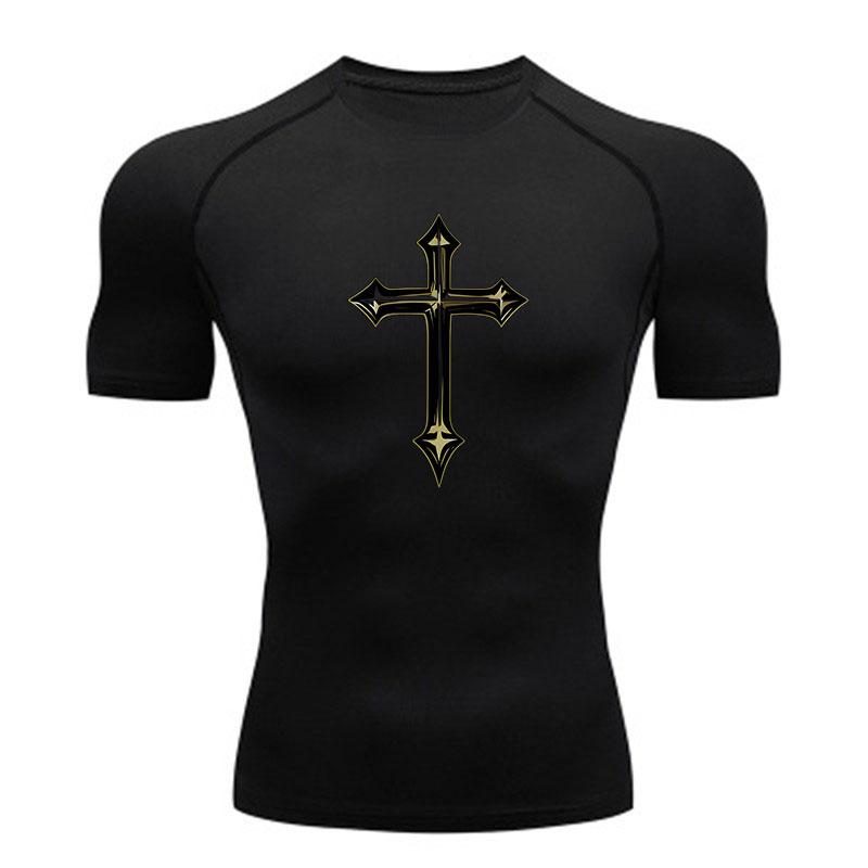 Men's Compression Athletic T-Shirt, Gothic Cross Print Quick