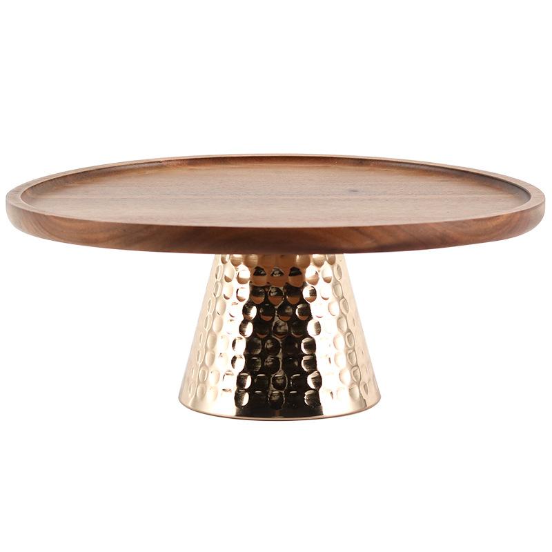 Light Luxury and High Feet Metal Hammer Base Fruit Bowl Ornaments Home Solid Wood Cake Dessert Display Tray Decorations Plate