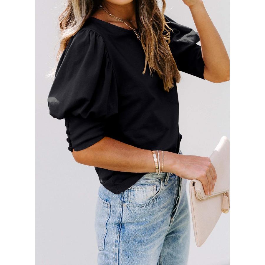 Summer Women's Round Neck Solid Color Button Loose Casual Short Sleeved T-shirt for Women