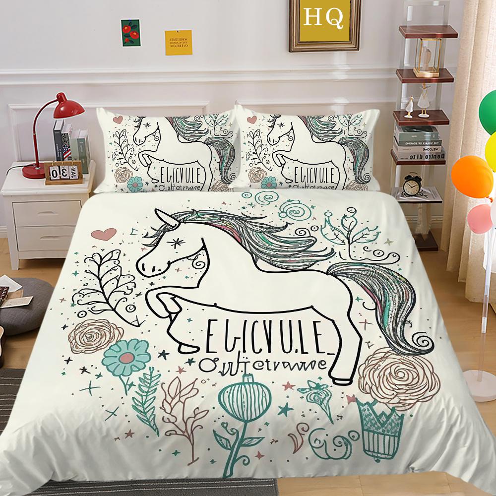 Home Bedding Set Woman 3D Unicorn Cartoon Lovely Home Bedclothes Twin Full Size Polyester Bed Set Cover