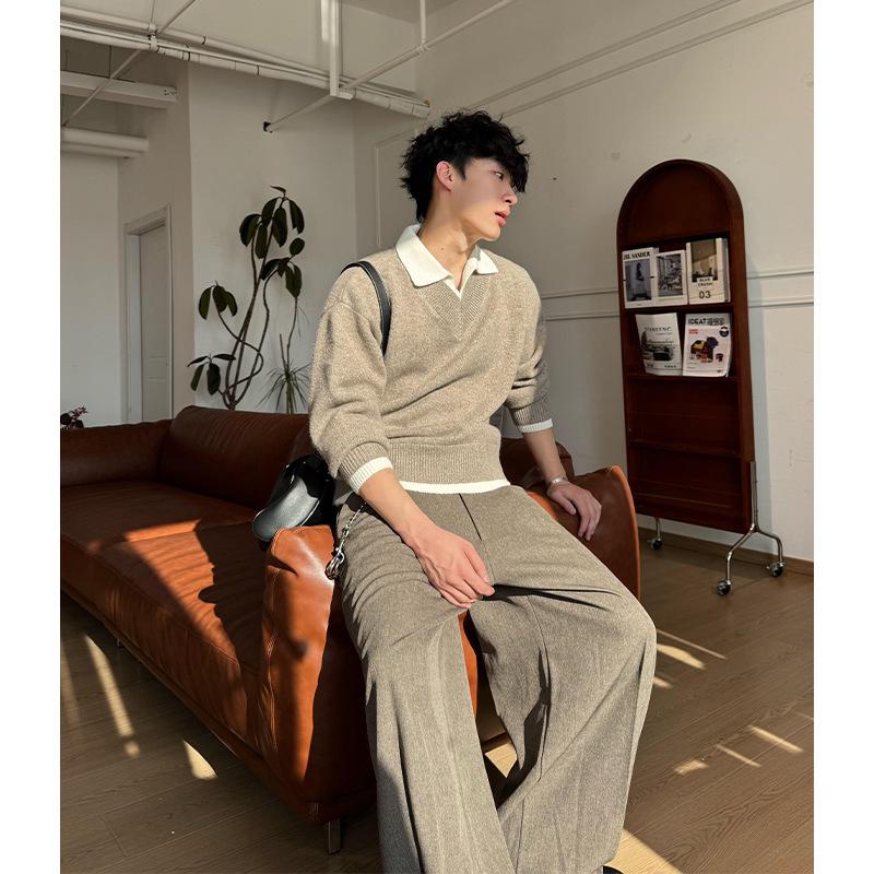 Men s V-Neck Knit Two-Piece Style Pullover Sweater - Relaxed Fit for Autumn/Winter XXXL