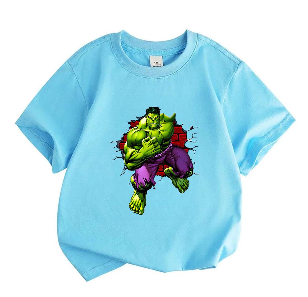 Kids Boys Girls 100% Cotton Crew Neck Short Sleeve T-Shirt, Cool Super Strong Green Giant Break Wall Print Casual Soft Summer Tee for Children Daily W