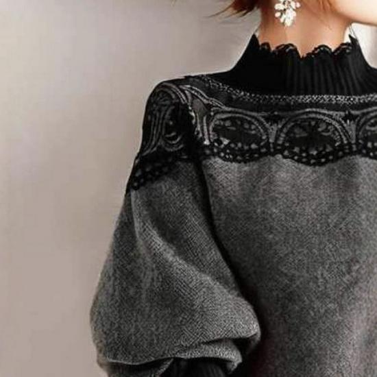 2026 Autumn/Winter Stand Collar Color Block Lace Knitwear