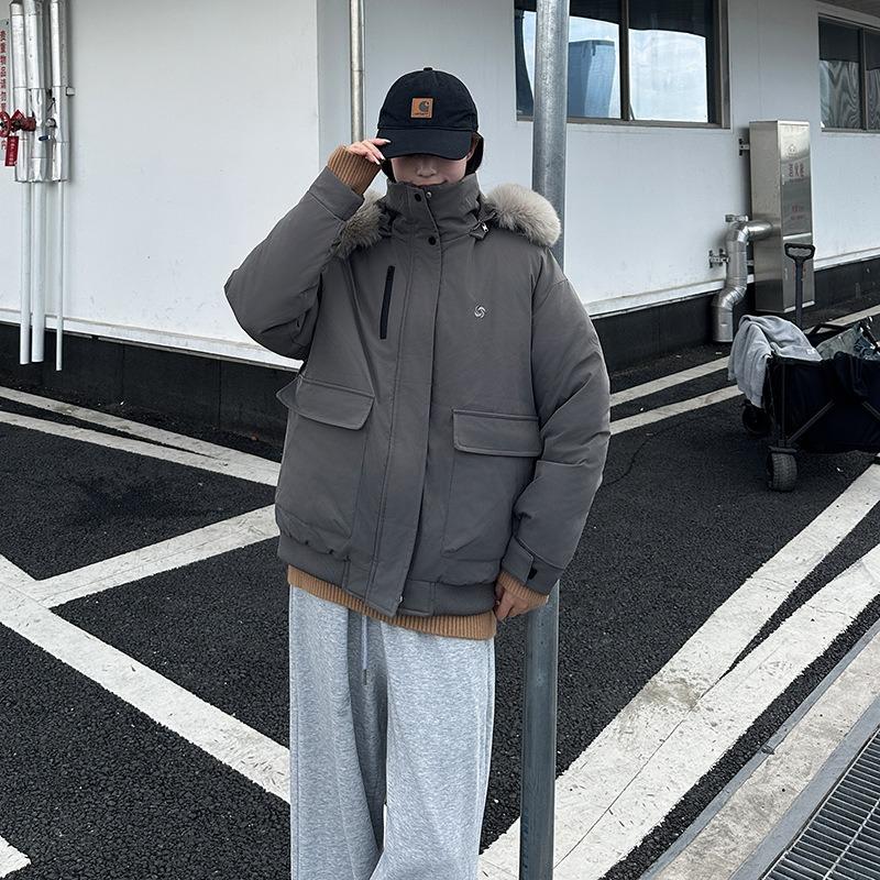 Big fur collar down cotton clothes women's short loose thickened large pocket tooling hooded jacket