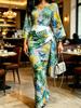 Damen V-Ausschnitt Tropischer Print Maxikleid Kimonoärmel Raffung Wickel Taille Bodycon Party Abendkleid