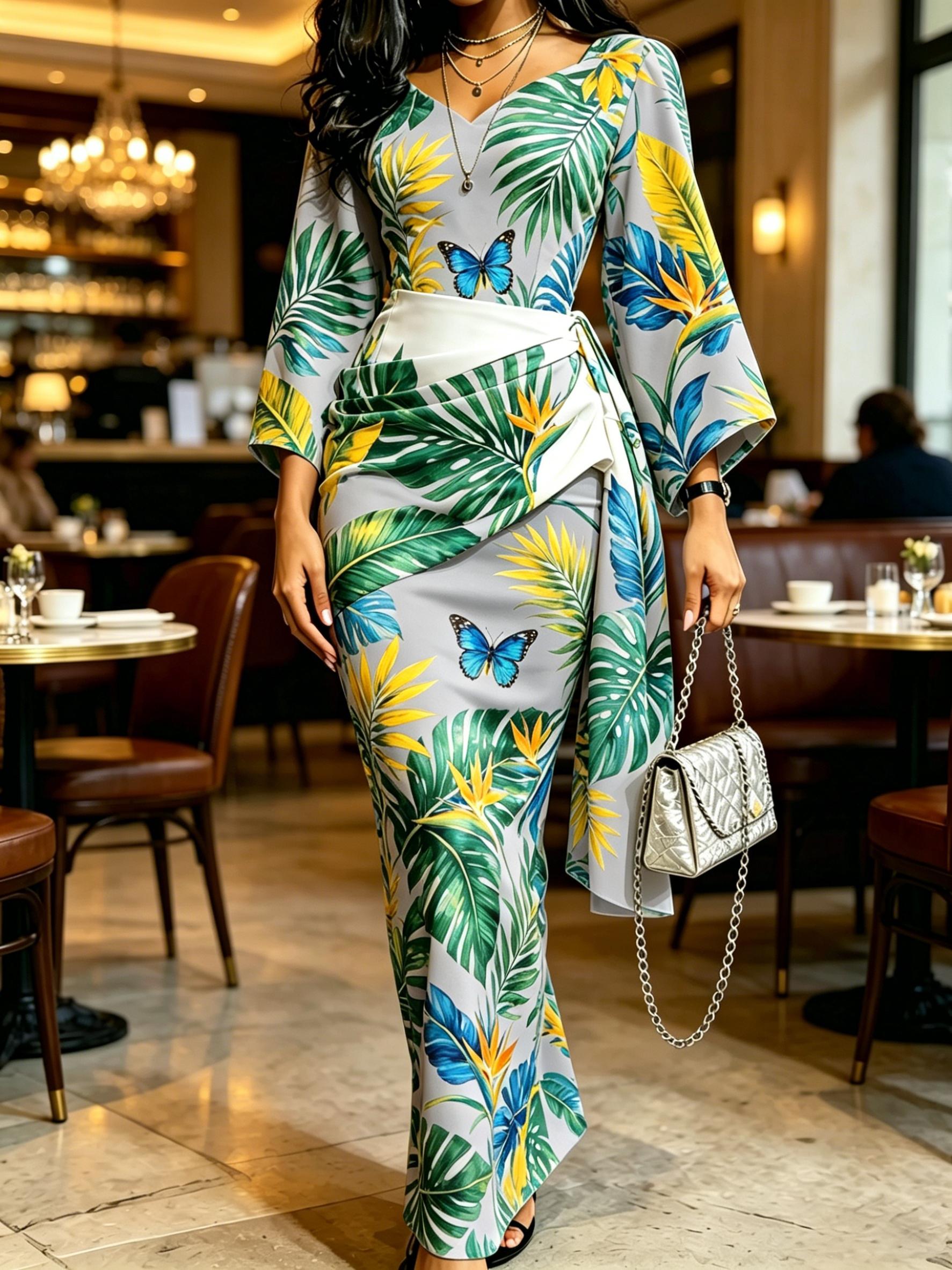 Women V Neck Tropical Print Maxi Dress Kimono Sleeve Ruched Wrap Waist Bodycon Party Evening Dress XS