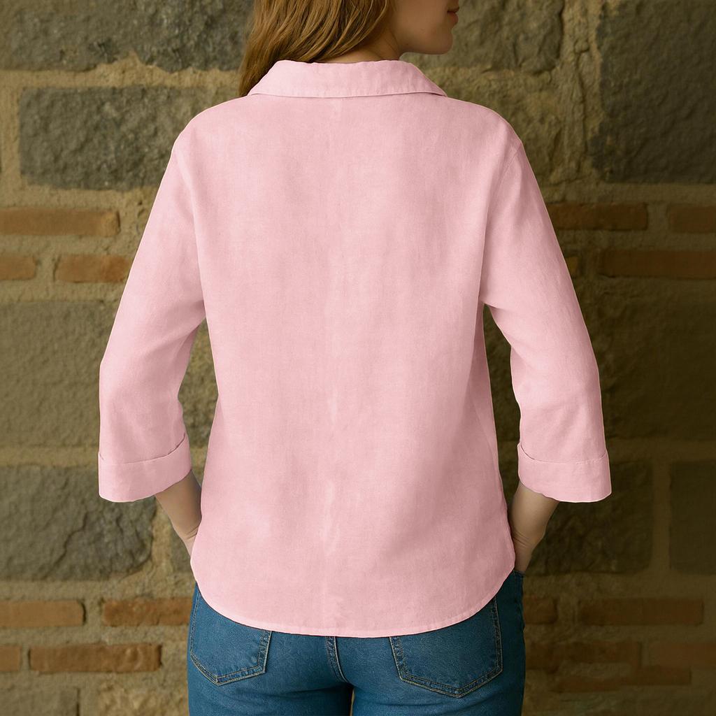 Women's Color Button Pocket Lapel Loose Cotton And Linen Shirt Top