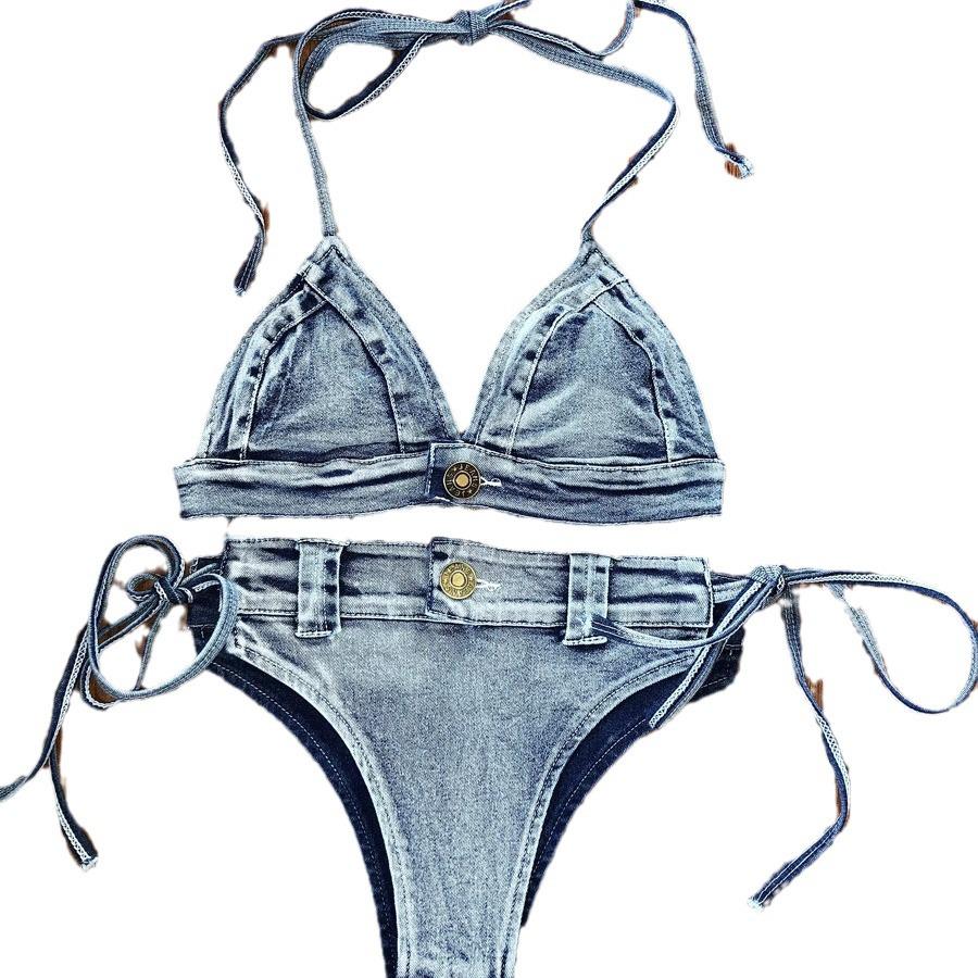 Spicy Girl Sexy Denim Bikini Beach Set: Halter Split Swimsuit