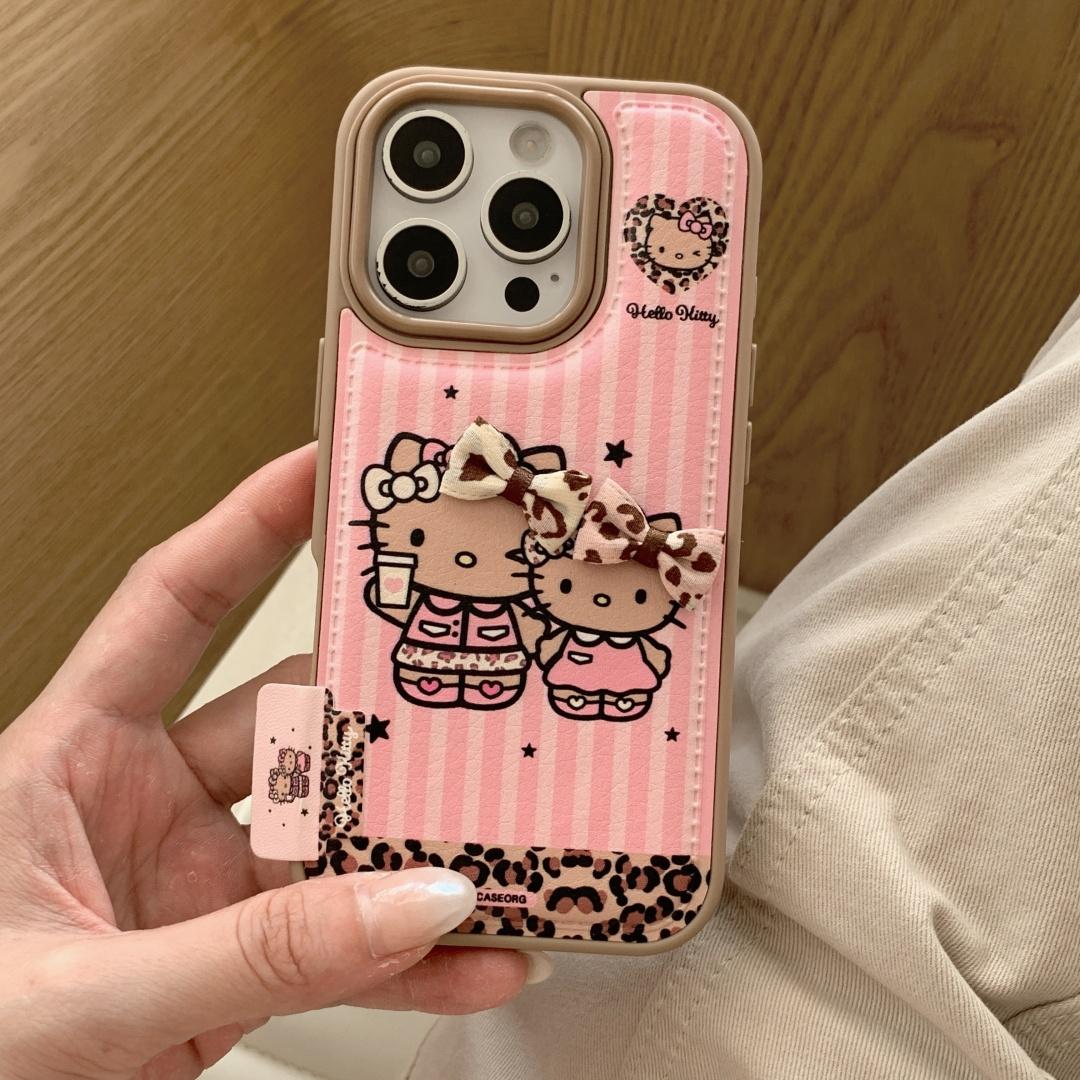 

Cute Leopard Print Bow Black Hello Kitty Leather Phone Case For iphone 17 Air 15 14 16 17 Pro Max 13 Y2K Shockproof Cover For iphone 17Pro розовый