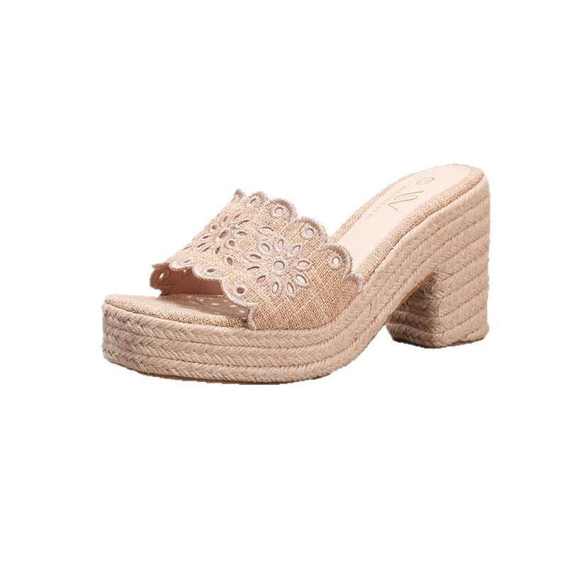Hemp Rope Slope Heel Thick Bottom Cool Slippers Hollow Flower Embroidery Thread Word with Holiday Leisure Daily Fashion Thick Bottom Increase