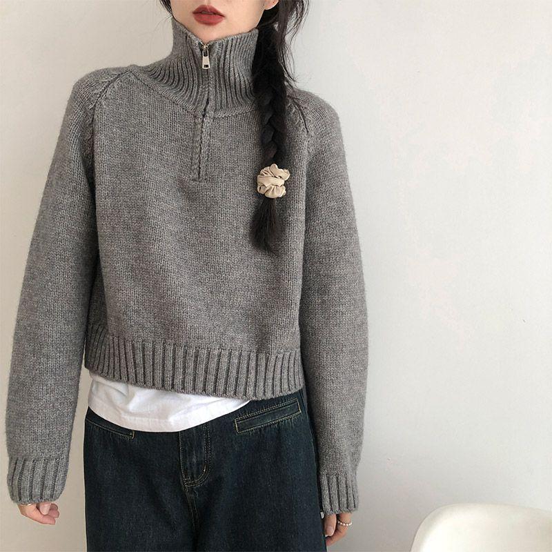 

Women s Short-Length Korean-Style Half-Zip High Neck Sweater Autumn Winter Loose Lazy-Style Thickened Knitted Top S сірий колір