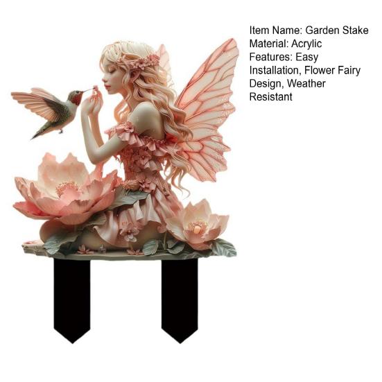 Flower Fairy Garden Stake, 2D Acrylic Fairy Garden Decoration, Waterproof Fairy Hummingbird Yard Art Stake for Lawn Balcony Flower Pot