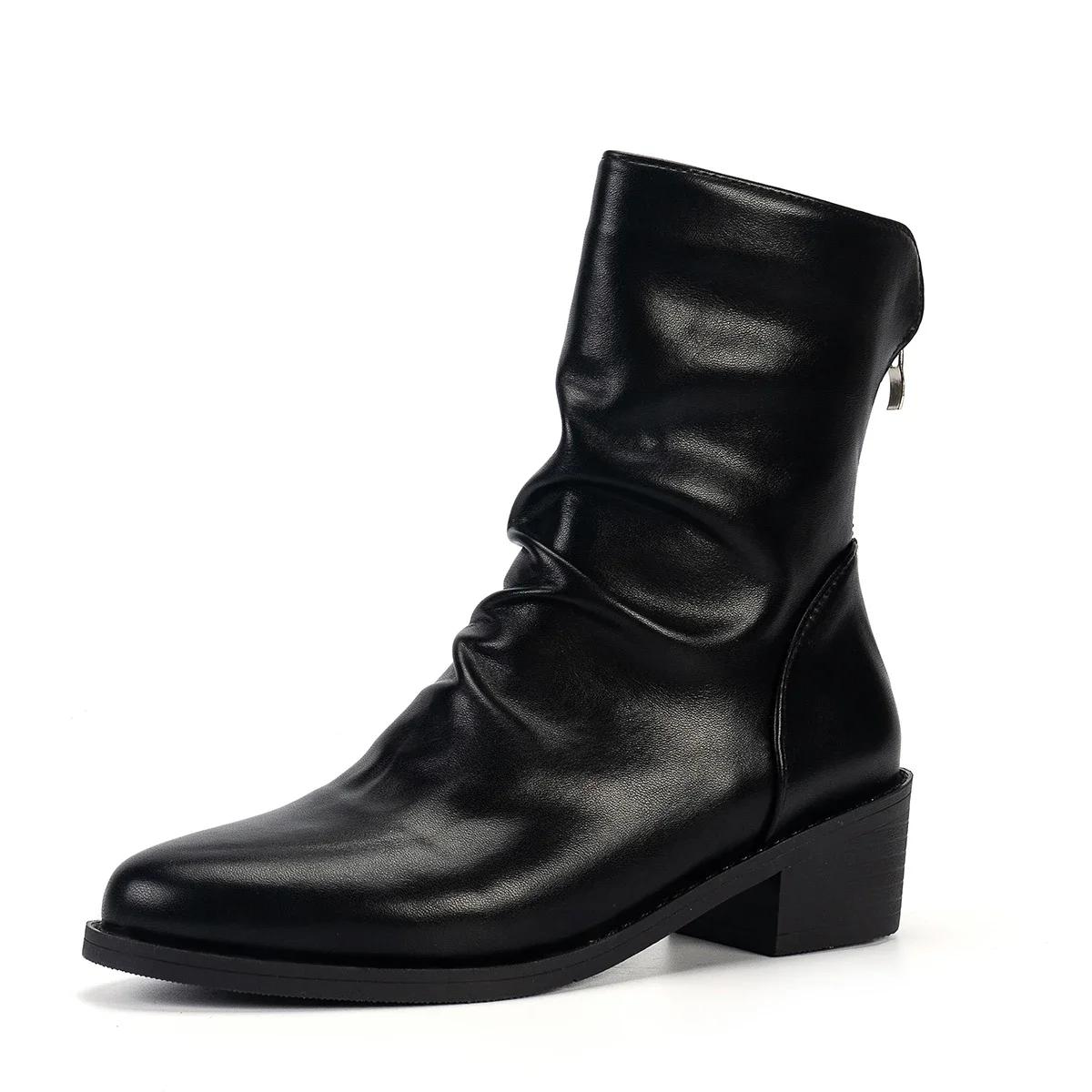 

Ботильоны из плиссированной кожи для женщин 2024 года, новые популярные модные ботинки на низком каблуке, женские ботинки с застежкой-молнией сзади, большие размеры 35 чёрный