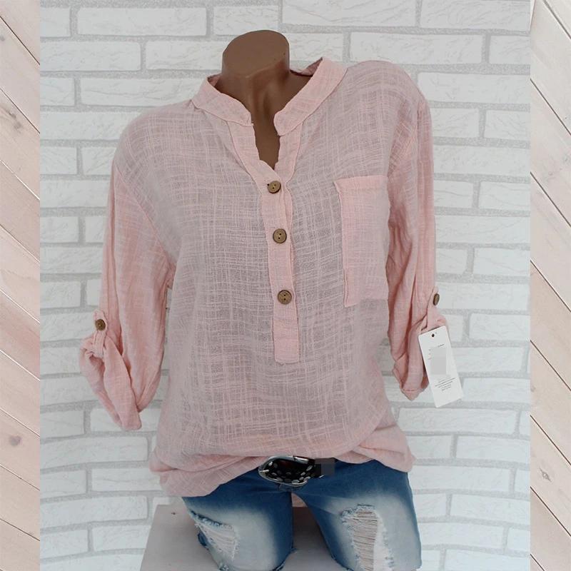 Women's Blouses Cotton Linen Blouse Spring Summer Shirts Casual Long Sleeve Button V-Neck Loose Shirt Lady Tops T-Shirts