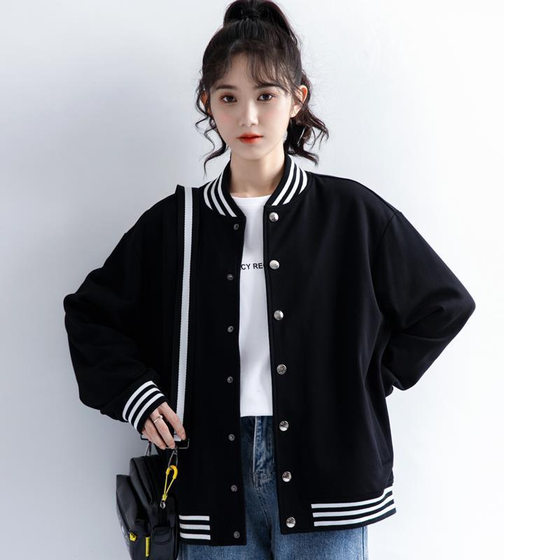 

Autumn 2024 Color Block Black Casual Sport Jacket - Women s Trendy BF Style Baseball Cardigan Outerwear M
