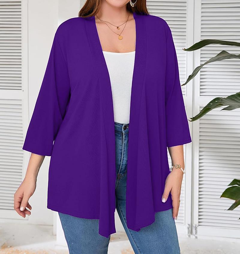 Cardigan Femme Grande Taille Manches 3/4 Léger et Fin Ouverture Devant Style Châle Tricoté Haut Décontracté Doux et Fluide