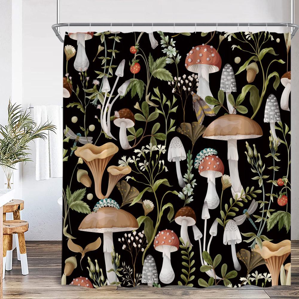 Vintage Mushroom Plant Shower Curtain Leaf Flower Retro Bathroom Decor Herb Polyester Fabric Bathtub Curtain With Hook