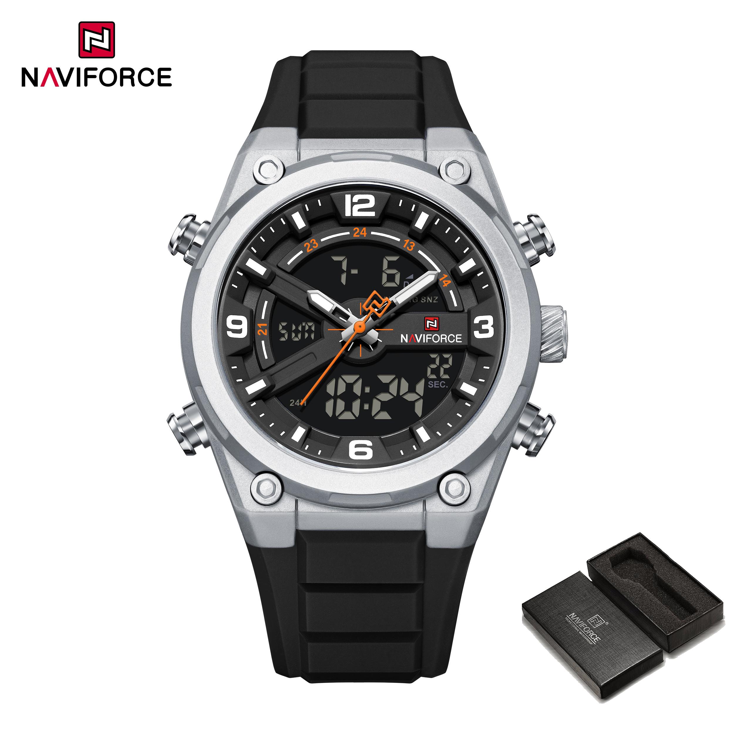 

Оригинальные мужские кварцевые часы NAVIFORCE с календарем, датой, ЖК-дисплеем, люминесцентными стрелками, силиконовым ремешком, водозащитой 30м, мужские повседневные модные часы NF9265 чёрный/серебряный