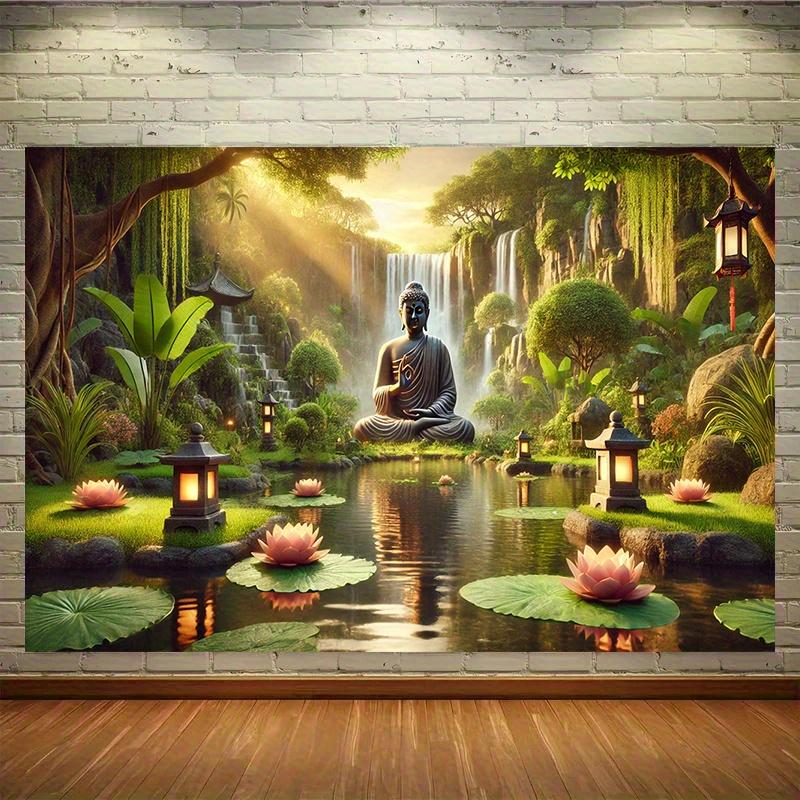 

Buddha Garden Waterfall Tapestry Zen Landscape Art Lotus Pond Decor Peaceful Nature Wall Hanging Living Room Print 74x94cm(29x37in)