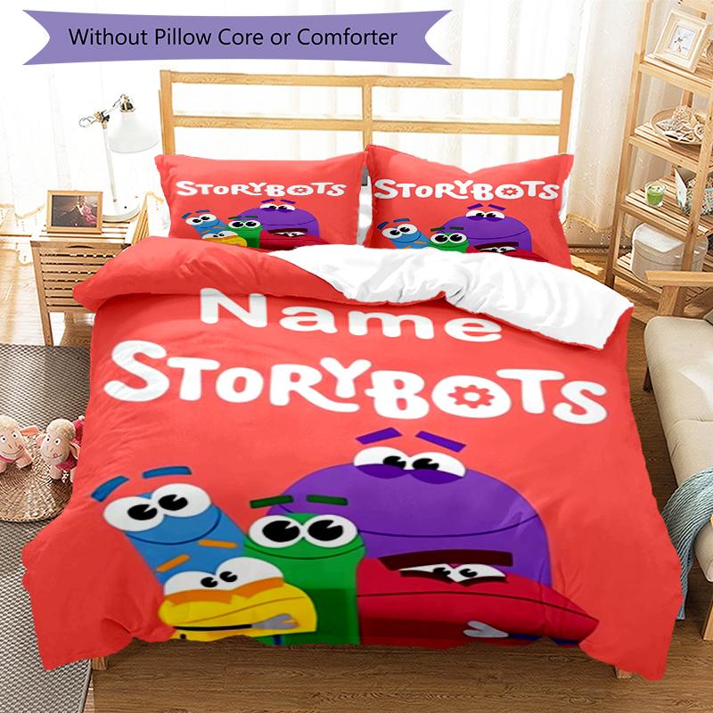 3pcs Custom Name StoryBots Bedding Set Duvet Cover Closure Includes 1 Duvet Cover & 2 Pillowcases, Soft and Comfortable for All Seasons.
