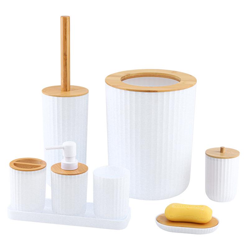 8dílná koupelnová sada: Umyvadlo, Dávkovač mýdla na ruce, Stojánek na zubní kartáčky, Kelímek a Podnos