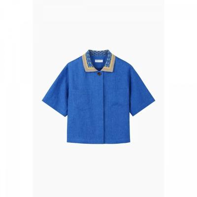 Jacquard Collar Linen Short Sleeve Blouse Babl92631