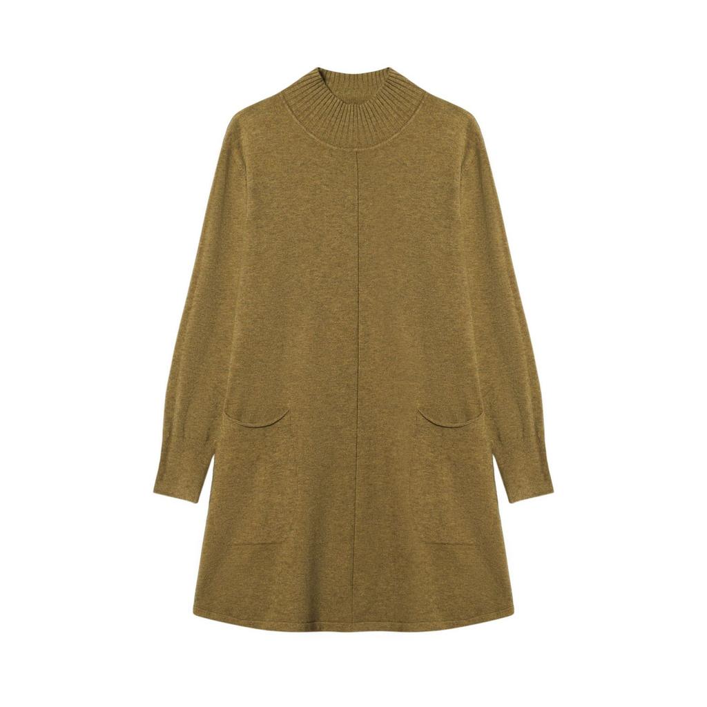 Large-sized Half Turtleneck Sweater Loose and Casual Mid-length Pullover for Women Solid-color A-line Knitted Dress