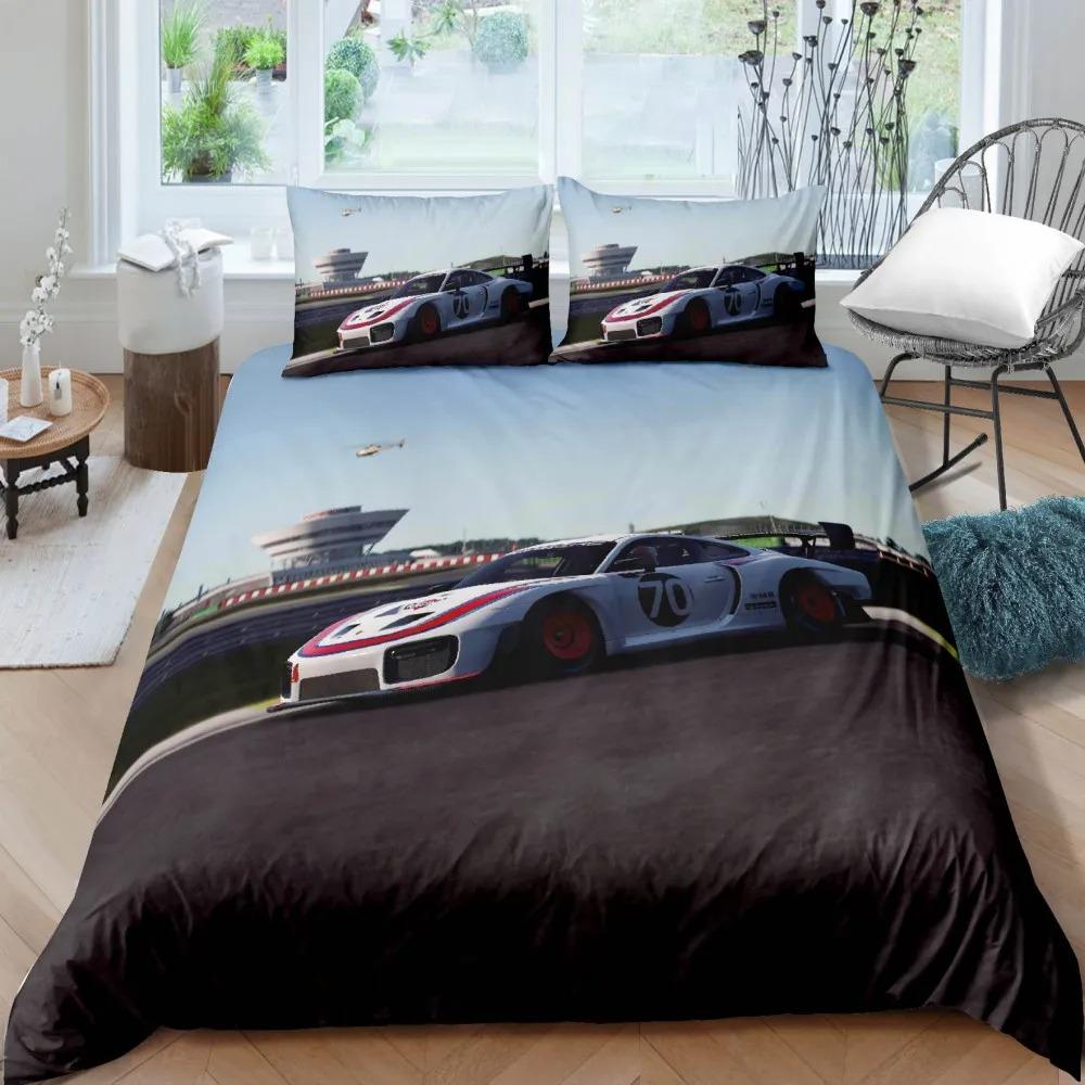 Luxurious Sports Car Bedding Set Black White Racing Bike Bed Linen Polyester Duvet Cover with Pillowcase for Teens Adults Decor