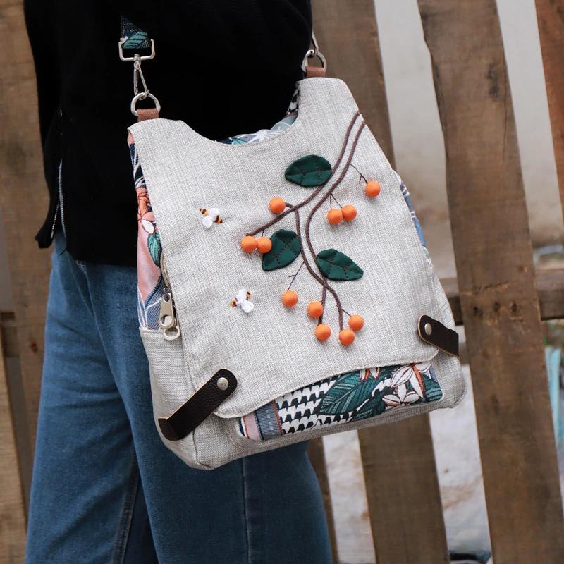 Ethnischer Rucksack Retro Baumwolle Leinen Damen Umhängetasche Weiblich Allzweck-Rucksäcke Leichte Reisetaschen für Mädchen Schultasche