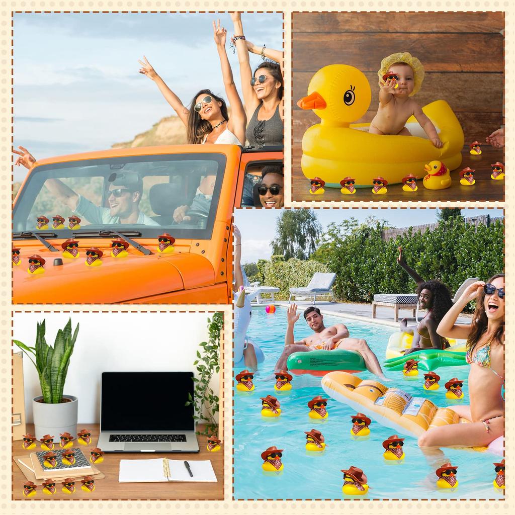 48Pcs Rubber Duck Cowboy Mini Yellow Duckies Ducks Toys With Cowboy Hat Sunglasses For Summer Birthday Gift Party Favor