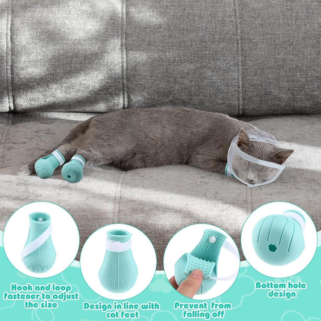Hillban Cat Muzzle for Grooming with 4 Silicone Boots Breathable Transparent Face Guard Silicone Cat Claw Covers Anti Scratch Booties to Prevent