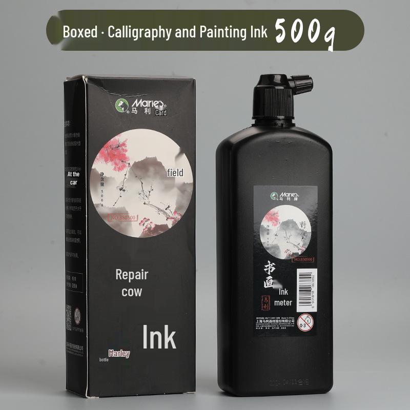 Mali Golden Calligraphy Ink – 500g Bottle, 100g Brush; Ideal for Chinese Painting & Calligraphy.