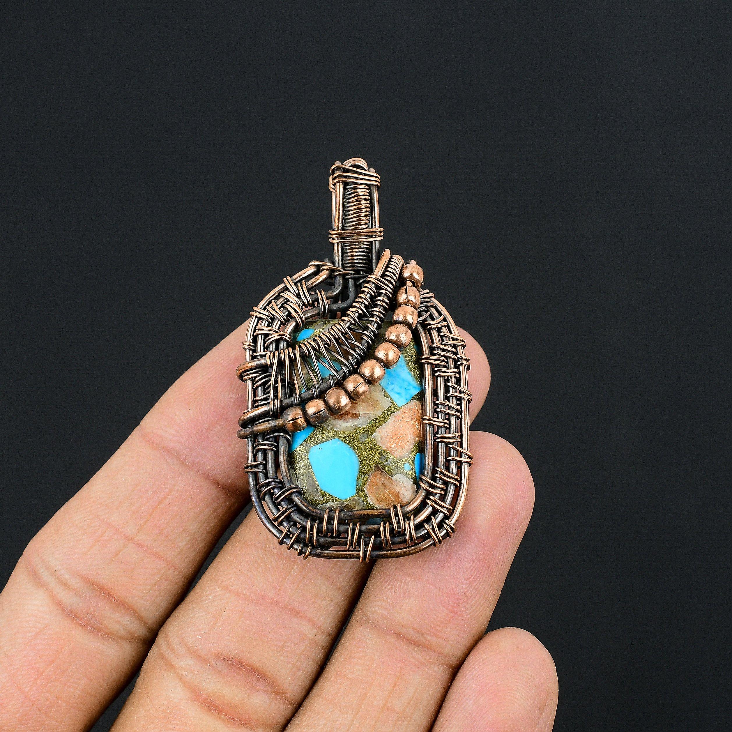 

Copper Larimar Gemstone Pendant, 999 Copper Wire Wrapped Pendant Unique Design Jewelry, For Women 2.55 Inches
