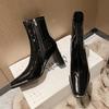 Square Metalic Toe Boots Woman  Shoes Winter Japanned Leather Chunky High Heels Ankle Botas Mujer Motorcycle Chelsea Booties