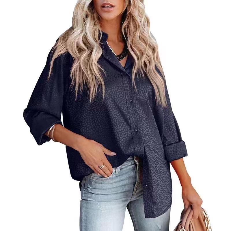 GMXIA Women's Fashion Casual Summer Leopard Print Long Sleeve POLO Neck Blouses & Shirts