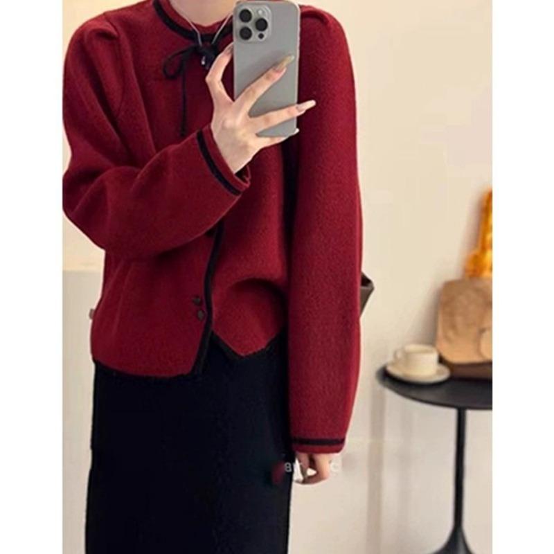 Korean Style Autumn New Sweater Cardigan Women's Loose Slimming Sweater Bow Round Neck Temperament Jacket
