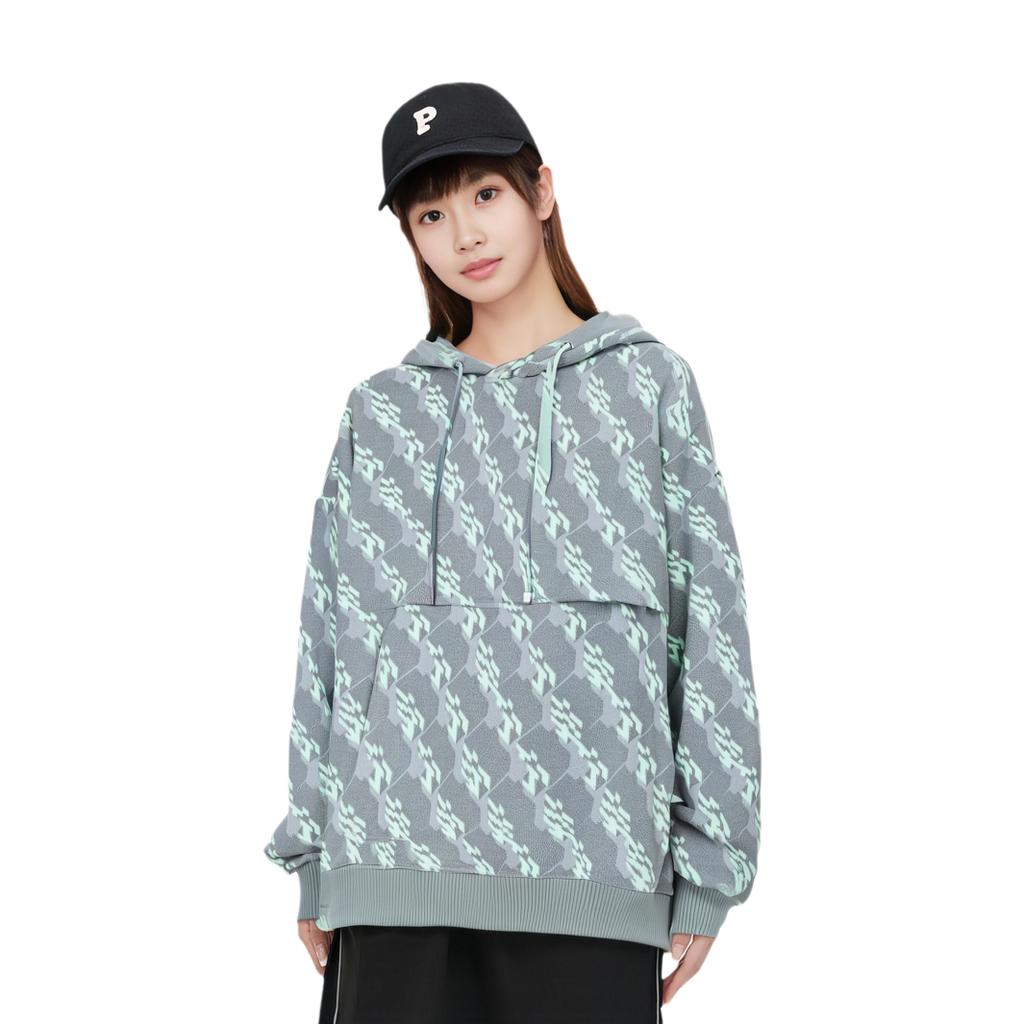 Li Ning Geometric Pattern Printed Fleece Warm Loose Pullover Hoodie Unisex hoodies Gray AWDSC77-1