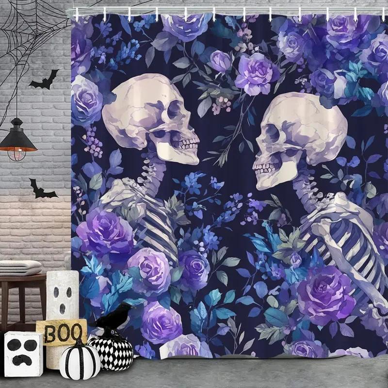 Halloween Gothic Skull Shower Funny Black Rose Bones Holiday Gift Polyester Bath Curtain Bathroom Decor with XT6