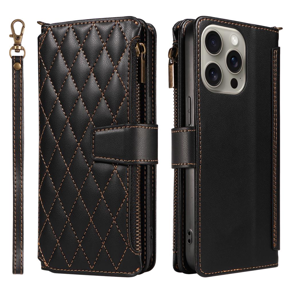 For iPhone 16 Pro Leather Case with Card Holder,RFID Blocking Wallet Phone Cover Rhombus Pattern
