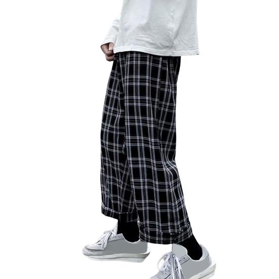 Men Pants Plaid Streetwear Wide Leg Elastic Waist Loose Sports Pants Trousers for Autumn