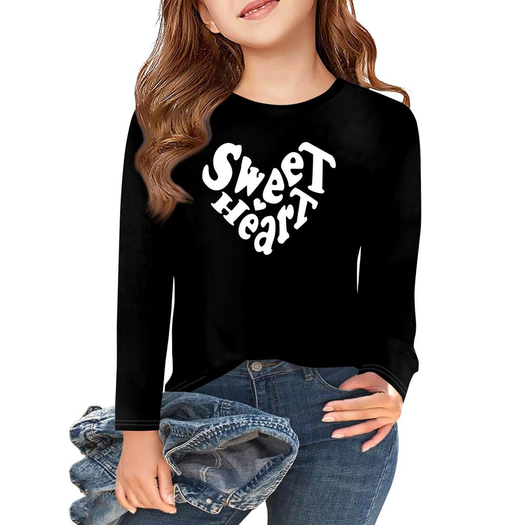 Långärmade T-shirts för flickor med kärlek och alla hjärtans dag-motiv, hösttoppar, rund hals, enkla T-shirts för barn, 5-14 år