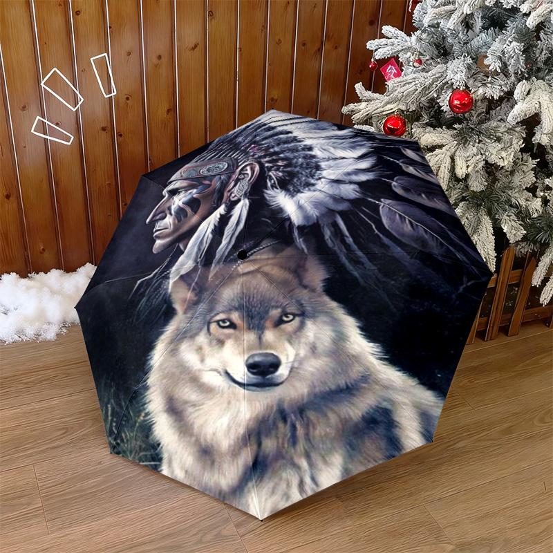 1PC Wolf Native Spirit Automatic Umbrella - Suitable Travel Outdoor Portable Umbrella Birthday Gift Daily Essentials