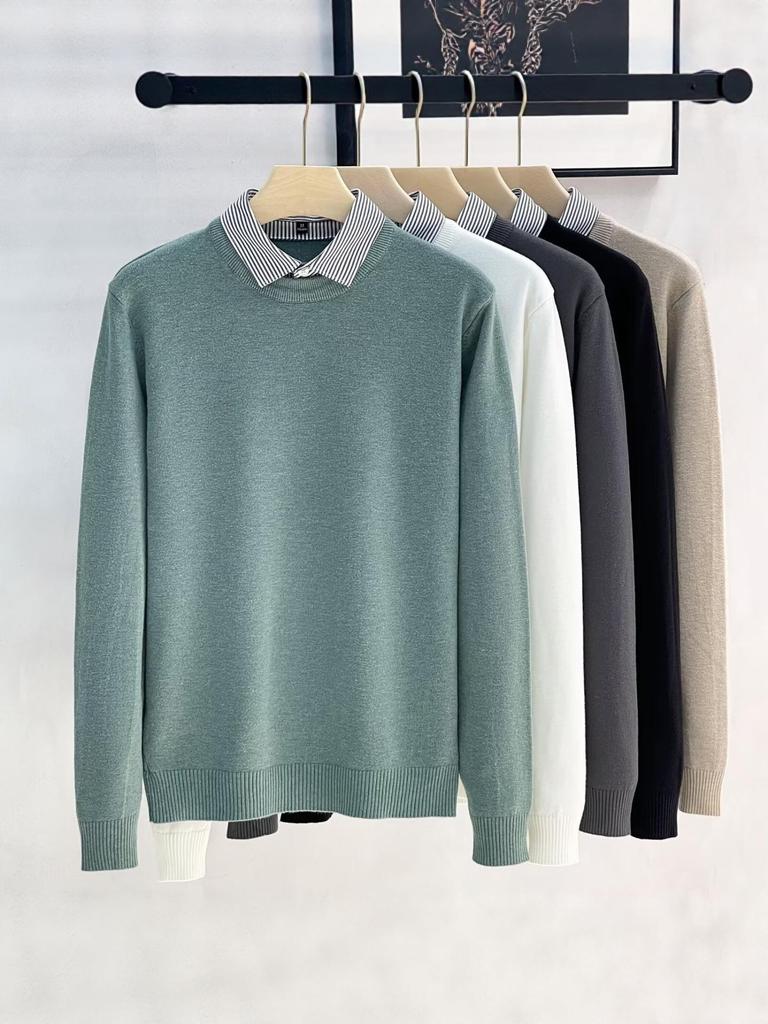 Men's High-End Faux Two-Piece Striped Sweater with Shirt Collar - Versatile Knit Base Layer for Autumn/Winter.