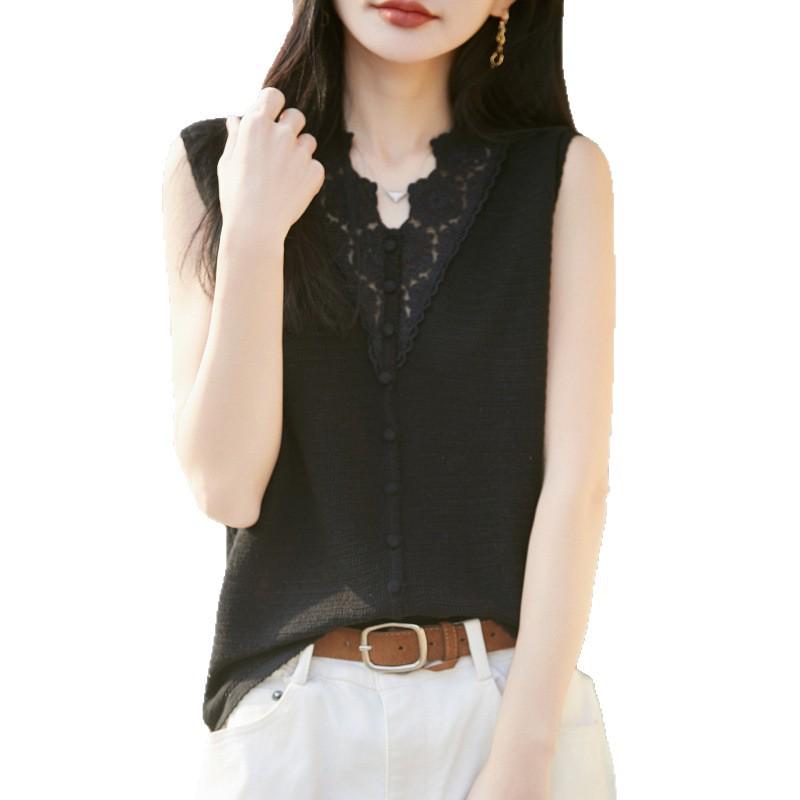 2026 Spring/Summer Women's Silk Wool V-Neck Sleeveless Knit Vest with Hollow Crochet Design
