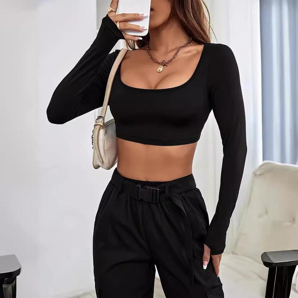 Spring Women's Athletic Casual Cut-off Style Knit High Stretch Long Sleeve Top