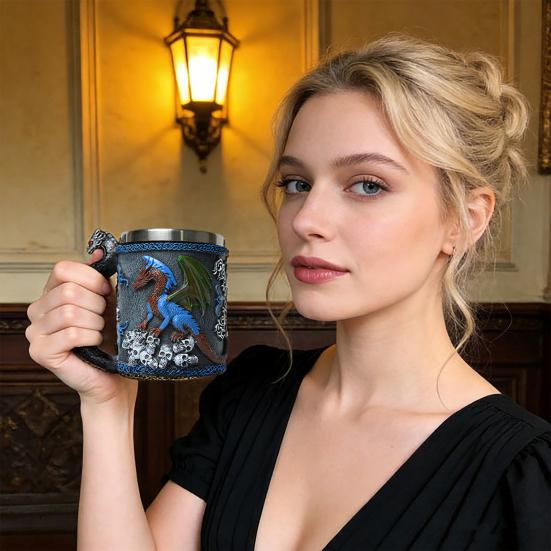 Cup Mug 420ml Large Capacity Dragon-Shaped Coffee Mug with 304 Stainless Steel Inner Tank Resin Exterior Medieval Themed Drinkware