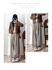 Petite Coffee Pinstripe Casual Women's Wide-Leg Pants, Drawstring High Waist, Relaxed Fit - Perfect for Spring & Autumn.