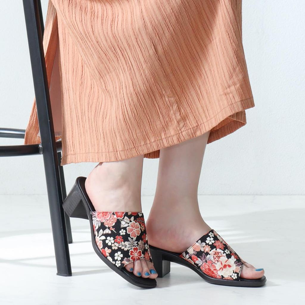Plus Feminine 3708 Slide Japanese Style Made in Floral and Japanese Square Medium San-A Women's Sandals, Sandals, 5.5cm Heel, Japan, Pattern,