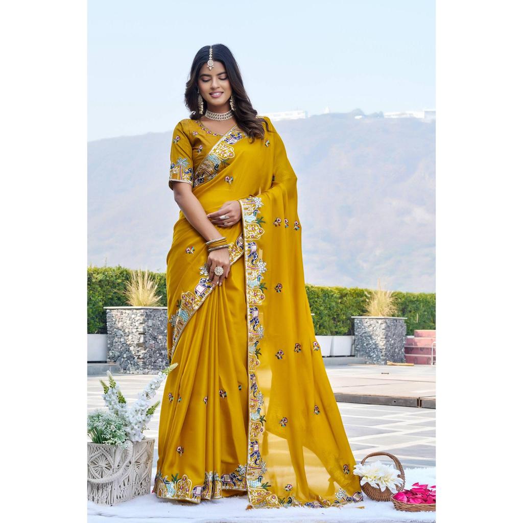 Real Modeling Collection – Premium Satin Chiffon Saree with Heavy Embroidery & Latkan Work