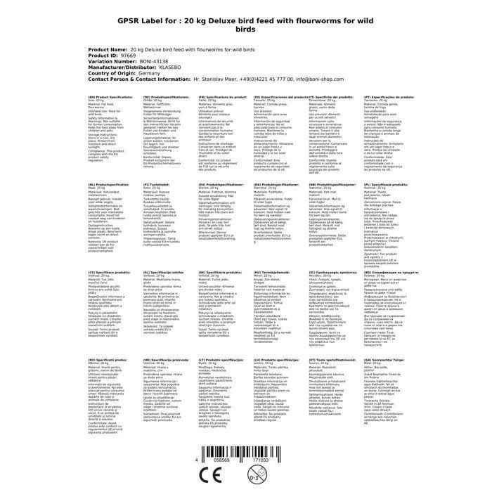 20 kg Deluxe Vogelfutter mit Mehlwürmern ohne Schalen für Wildvögel